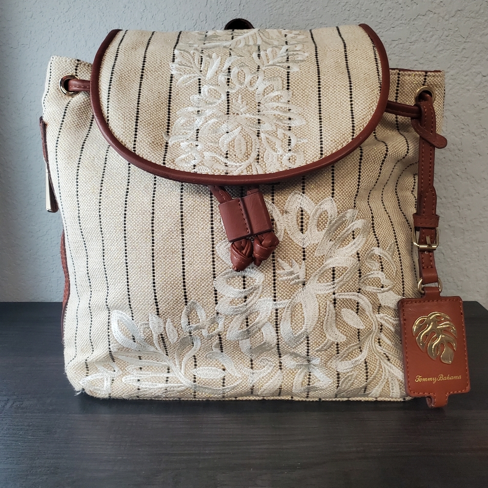 Tommy Bahama Womens Waikiki Backpack Embroidered Linen Leather Purse Excellent